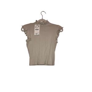 NWT Zara Cream Ribbed Mock Neck Ruffle Sleeve Knit Top Small